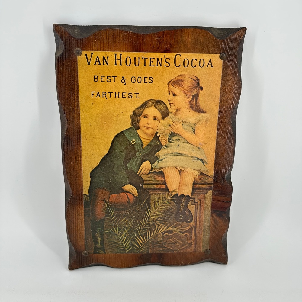 Vintage Van Houten's Cocoa Wood Advertising Plaque Wall Art Victorian Children
